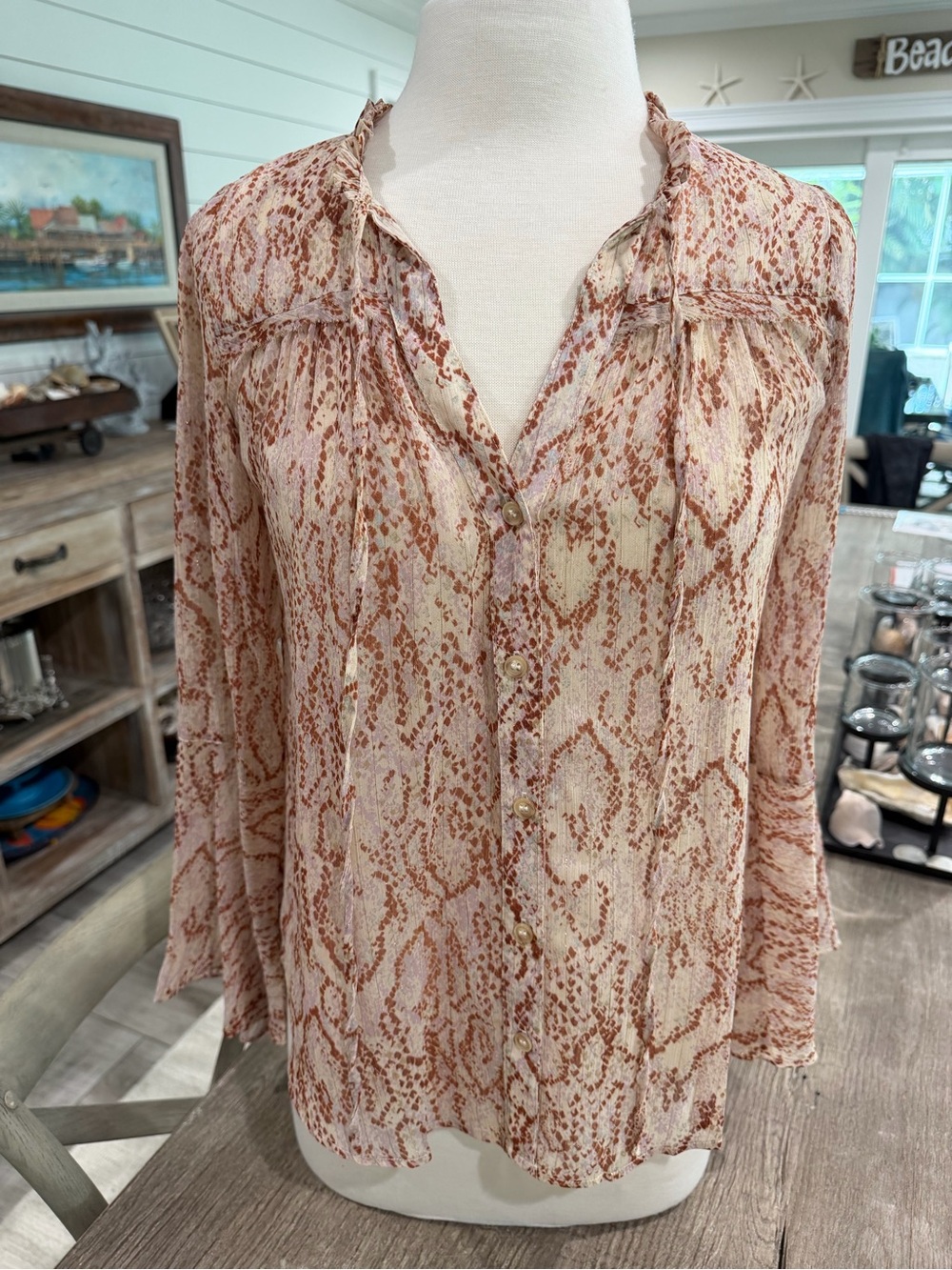 Mystree Blush and Brown Snake-Print Button-Front Blouse